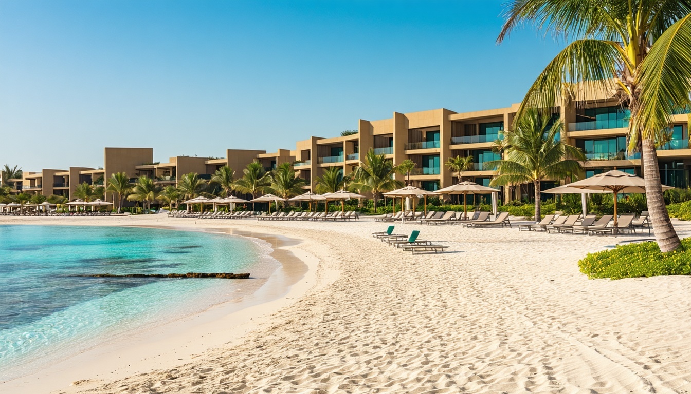 Serene private beach area at Aquaventure World Dubai with palm trees and cabanas