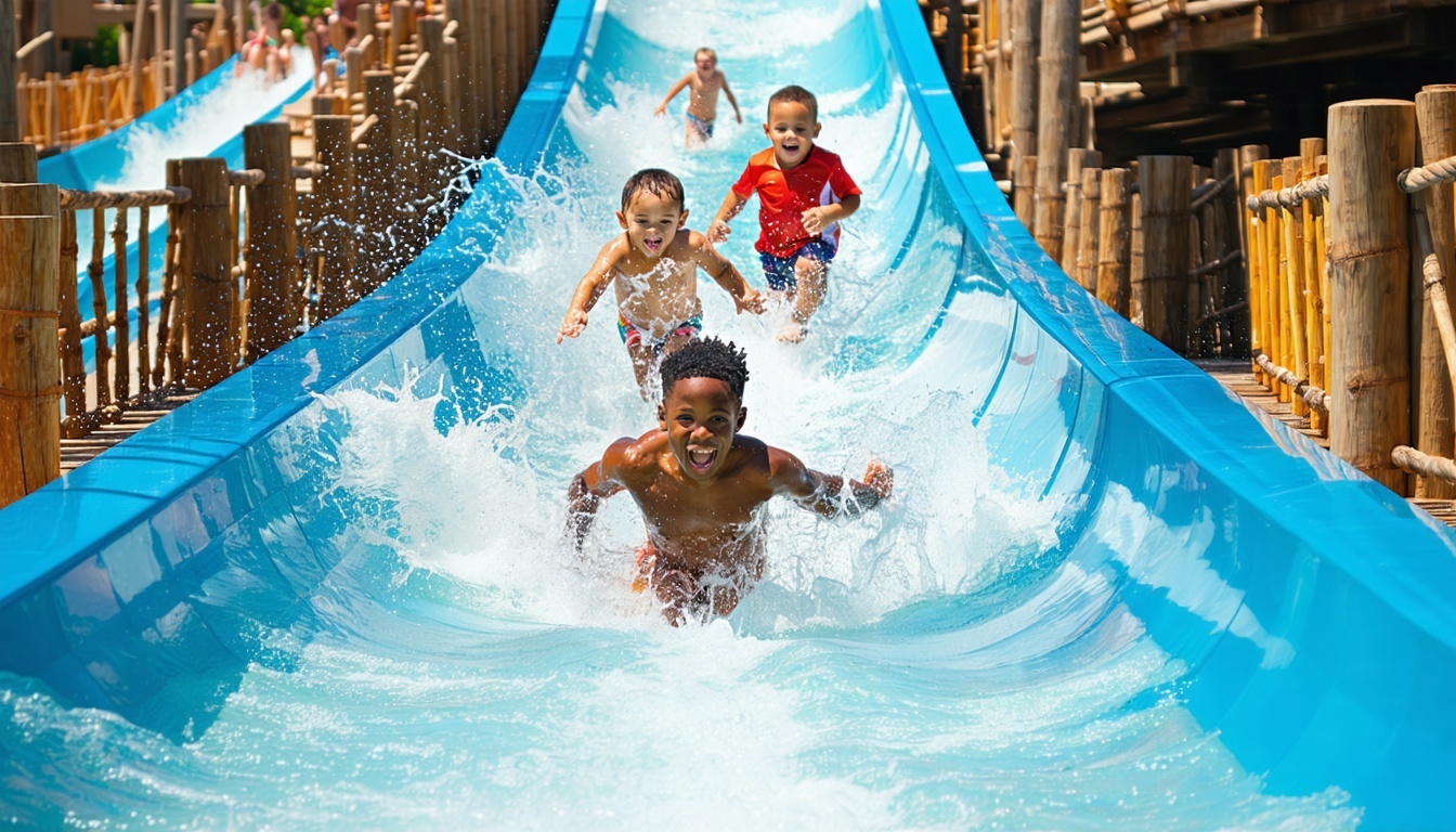 Families enjoying a thrilling water slide at Aquaventure World Dubai