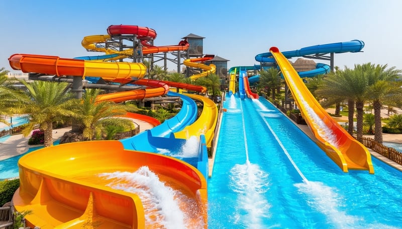 Aerial view of Aquaventure World Dubai with water slides and attractions Aerial view of Aquaventure World Dubai with water slides and attractions